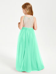 Long Junior Bridesmaid Gown Sequined Top Tulle Skirt Turquoise