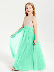 Long Junior Bridesmaid Gown Sequined Top Tulle Skirt Turquoise