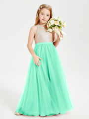 Long Junior Bridesmaid Gown Sequined Top Tulle Skirt Turquoise