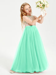 Long Junior Bridesmaid Gown Sequined Top Tulle Skirt Turquoise