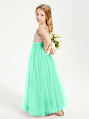 Long Junior Bridesmaid Gown Sequined Top Tulle Skirt Turquoise