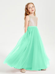 Long Junior Bridesmaid Gown Sequined Top Tulle Skirt Turquoise