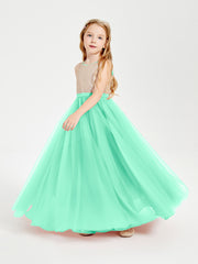 Long Junior Bridesmaid Gown Sequined Top Tulle Skirt Turquoise