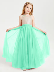 Long Junior Bridesmaid Gown Sequined Top Tulle Skirt Turquoise