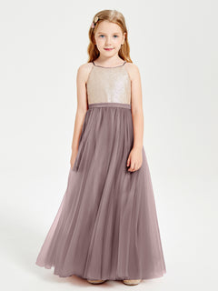 Long Junior Bridesmaid Gown Sequined Top Tulle Skirt Vintage Mauve