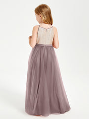 Long Junior Bridesmaid Gown Sequined Top Tulle Skirt Vintage Mauve