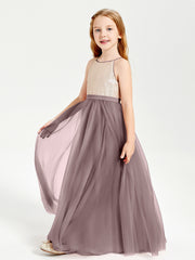 Long Junior Bridesmaid Gown Sequined Top Tulle Skirt Vintage Mauve