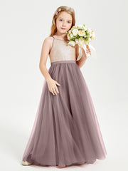 Long Junior Bridesmaid Gown Sequined Top Tulle Skirt Vintage Mauve