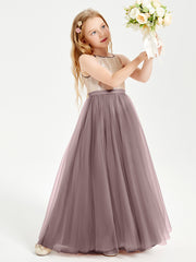 Long Junior Bridesmaid Gown Sequined Top Tulle Skirt Vintage Mauve