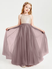 Long Junior Bridesmaid Gown Sequined Top Tulle Skirt Vintage Mauve