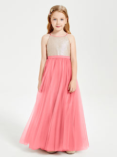 Long Junior Bridesmaid Gown Sequined Top Tulle Skirt Watermelon