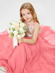 Long Junior Bridesmaid Gown Sequined Top Tulle Skirt Watermelon