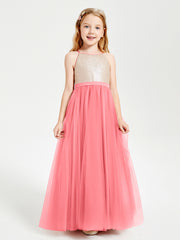 Long Junior Bridesmaid Gown Sequined Top Tulle Skirt Watermelon