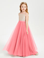 Long Junior Bridesmaid Gown Sequined Top Tulle Skirt Watermelon
