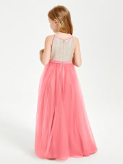 Long Junior Bridesmaid Gown Sequined Top Tulle Skirt Watermelon