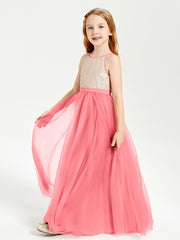 Long Junior Bridesmaid Gown Sequined Top Tulle Skirt Watermelon