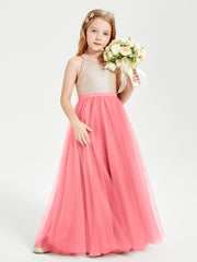 Long Junior Bridesmaid Gown Sequined Top Tulle Skirt Watermelon