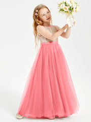 Long Junior Bridesmaid Gown Sequined Top Tulle Skirt Watermelon