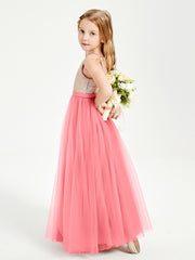Long Junior Bridesmaid Gown Sequined Top Tulle Skirt Watermelon