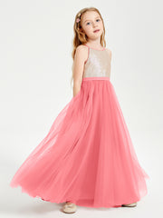 Long Junior Bridesmaid Gown Sequined Top Tulle Skirt Watermelon