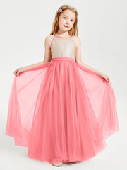 Long Junior Bridesmaid Gown Sequined Top Tulle Skirt Watermelon