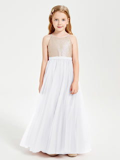 Long Junior Bridesmaid Gown Sequined Top Tulle Skirt White