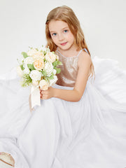 Long Junior Bridesmaid Gown Sequined Top Tulle Skirt White