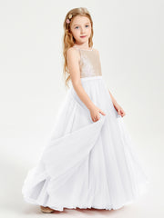 Long Junior Bridesmaid Gown Sequined Top Tulle Skirt White