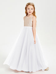 Long Junior Bridesmaid Gown Sequined Top Tulle Skirt White