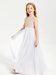 Long Junior Bridesmaid Gown Sequined Top Tulle Skirt White