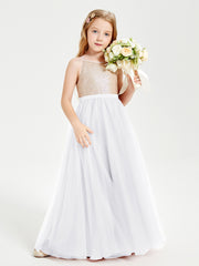 Long Junior Bridesmaid Gown Sequined Top Tulle Skirt White