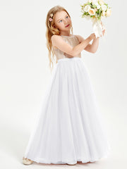 Long Junior Bridesmaid Gown Sequined Top Tulle Skirt White