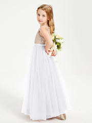 Long Junior Bridesmaid Gown Sequined Top Tulle Skirt White