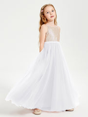 Long Junior Bridesmaid Gown Sequined Top Tulle Skirt White