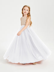 Long Junior Bridesmaid Gown Sequined Top Tulle Skirt White