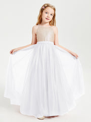 Long Junior Bridesmaid Gown Sequined Top Tulle Skirt White