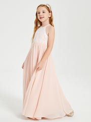Long Chiffon Bridesmaid Dresses Lace Top Pearl Pink