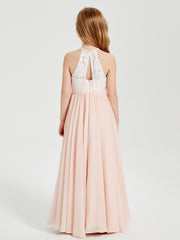 Long Chiffon Bridesmaid Dresses Lace Top Pearl Pink