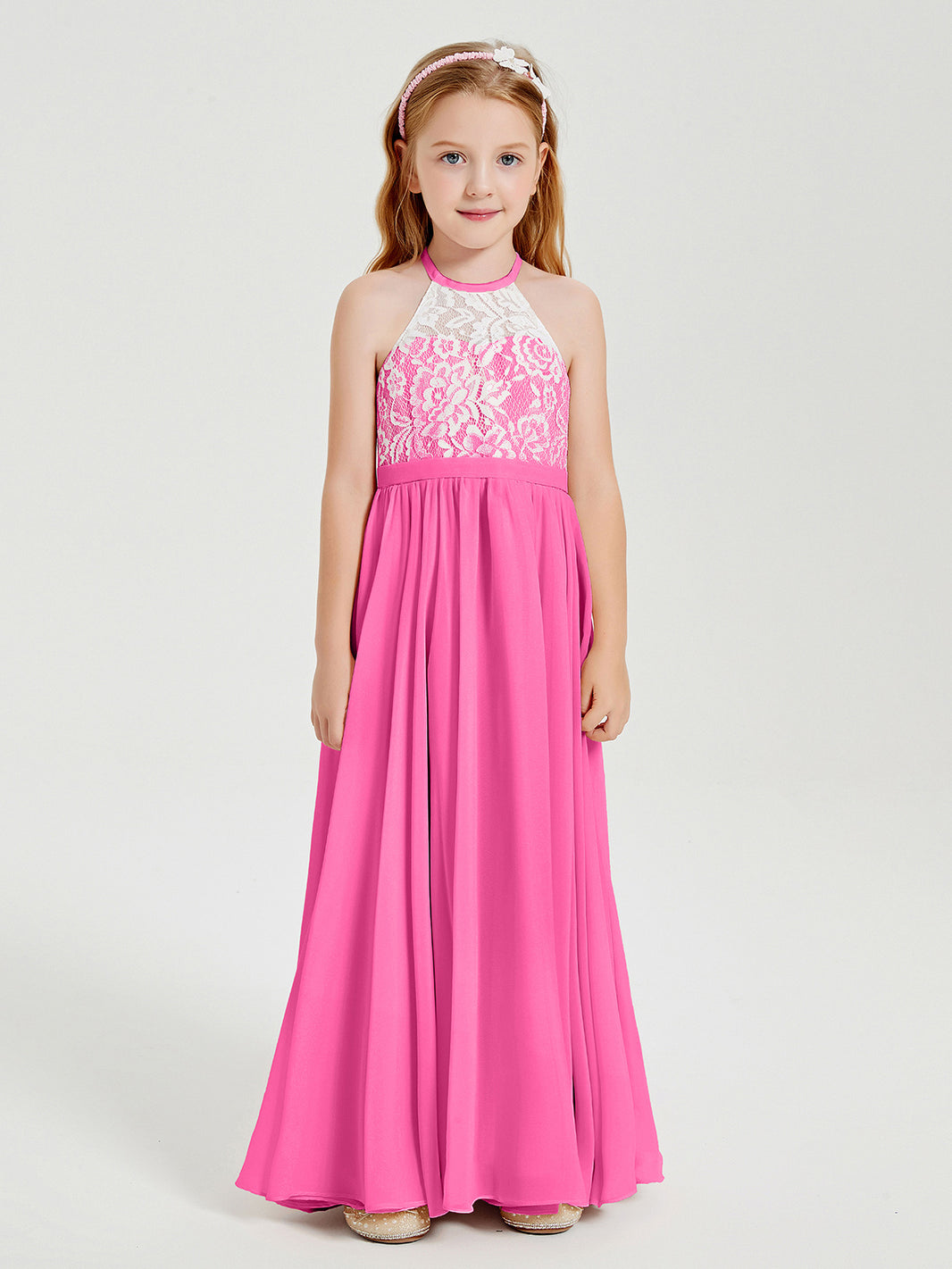 azalea bridesmaid dresses BABARONI BABARONI Chiffon Azalea Junior Bridesmaid Dresses A-line Halter Sleeveless Lace Ruched Floor-length Open Back, Azalea / J4