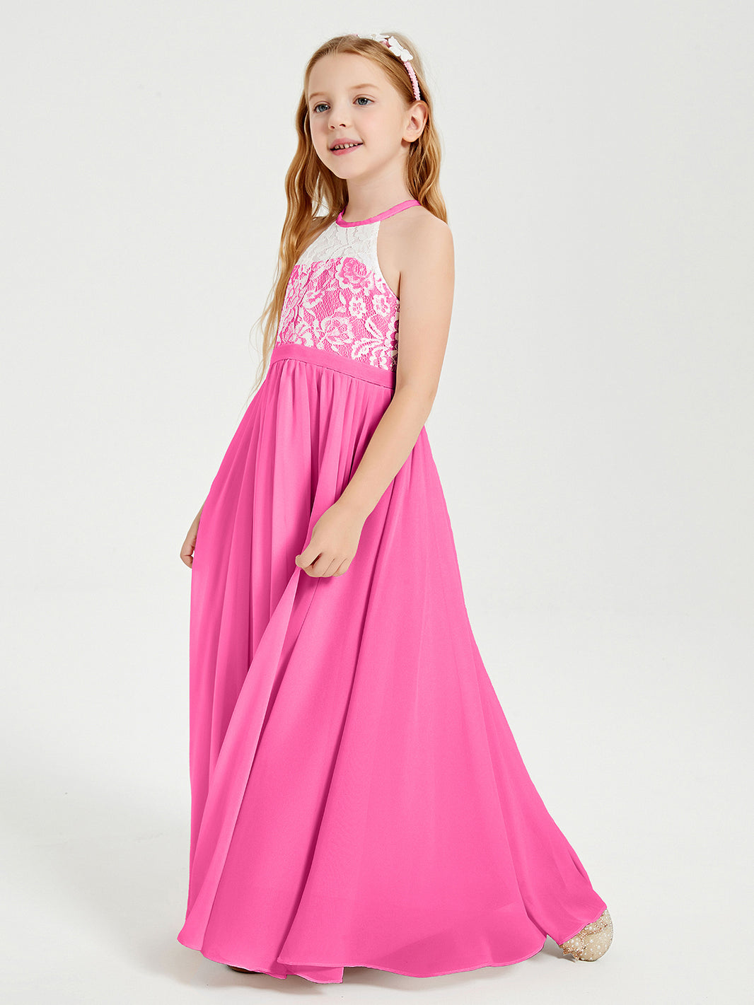 BABARONI BABARONI Chiffon Azalea Junior Bridesmaid Dresses A-line Halter Sleeveless Lace Ruched Floor-length Open Back, Azalea / J4
