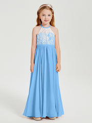 Long Chiffon Bridesmaid Dresses Lace Top Blue