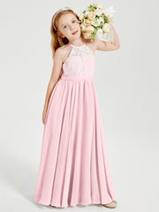 Long Chiffon Bridesmaid Dresses Lace Top Blushing Pink
