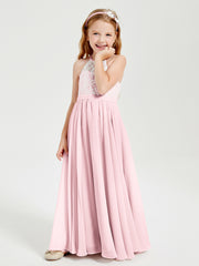 Long Chiffon Bridesmaid Dresses Lace Top Blushing Pink