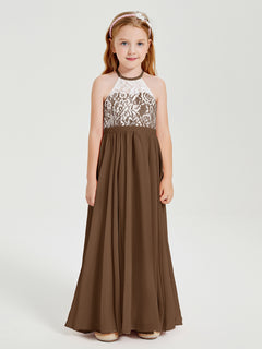 Long Chiffon Bridesmaid Dresses Lace Top Brown