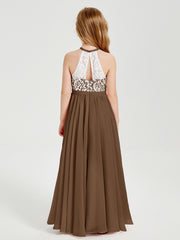 Long Chiffon Bridesmaid Dresses Lace Top Brown