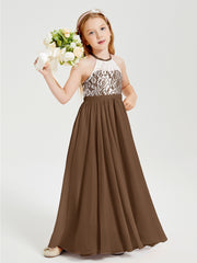 Long Chiffon Bridesmaid Dresses Lace Top Brown