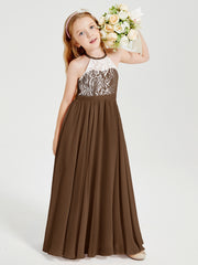 Long Chiffon Bridesmaid Dresses Lace Top Brown