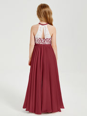 Long Chiffon Bridesmaid Dresses Lace Top Burgundy