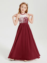 Long Chiffon Bridesmaid Dresses Lace Top Burgundy