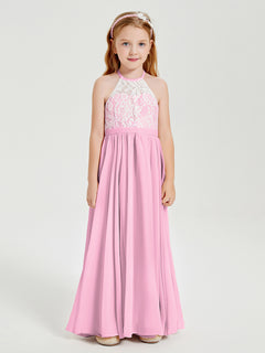 Long Chiffon Bridesmaid Dresses Lace Top Candy Pink